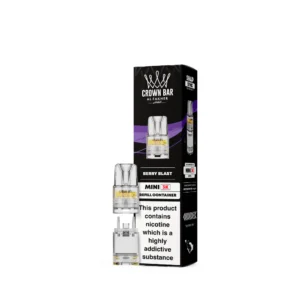 Black Crown Bar Al Fakher Berry Blast mini 3K refill kit with a clear cartridge and warning label, set against a white background