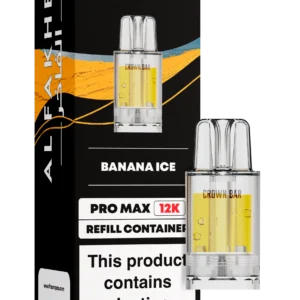 Black Crown Bar banana-ice e-liquid refill box showing two clear glass atomizers and a bold warning label; product name visible.”