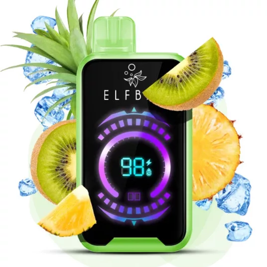 elf-bar-18000-disposable-vape-smooth-draw-7webp - Mega Vapes Australia Green handheld health device with a black screen showing a glowing 98% circular gauge and ELFB branding, surrounded by kiwi, pineapple slices and ice cubes.