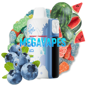 Disposable vape device with blue-white body labeled Megavapes, surrounded by blueberries, watermelon, and gummy candies indicating fruit flavors