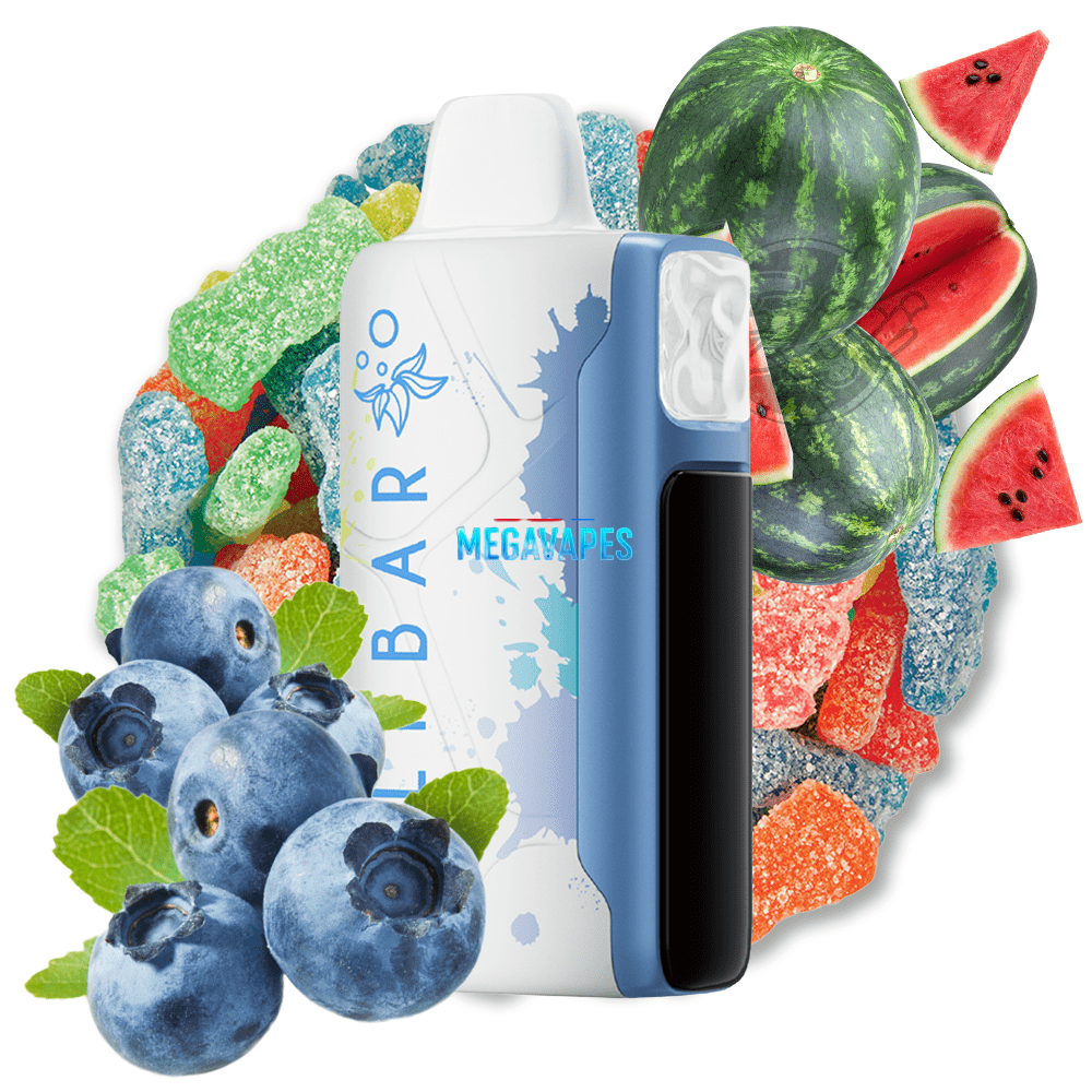 elf-bar-30000-puffs-vape-sour-intensity-digital-display-8png - Mega Vapes Australia Disposable vape device with blue-white body labeled Megavapes, surrounded by blueberries, watermelon, and gummy candies indicating fruit flavors