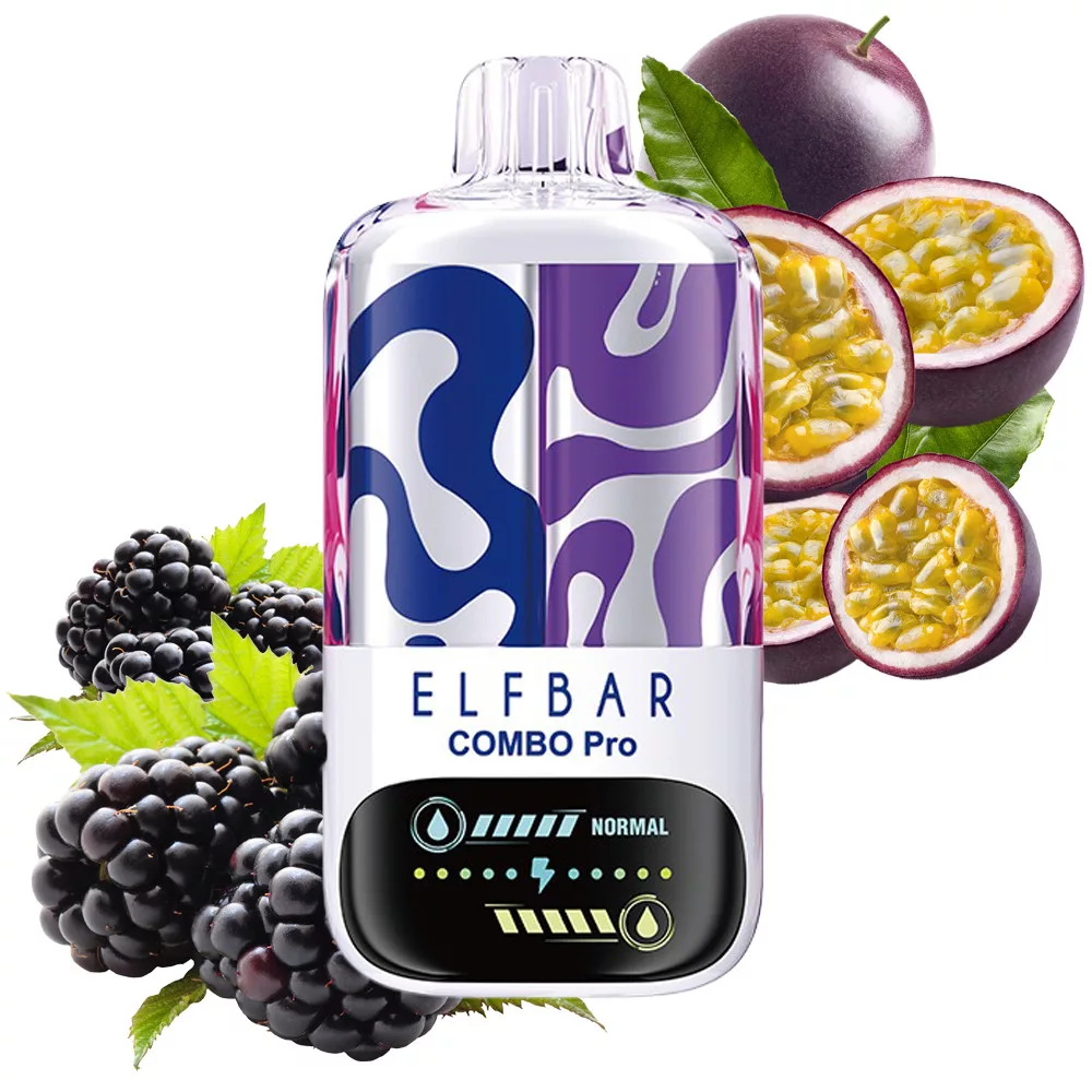 elf-bar-blackberry-passionfruit-vape-30000-30k-puffs-vape-8webp - Mega Vapes Australia ELFBAR Combo Pro vaping device with purple-blue pattern, surrounded by blackberries and passion fruits.