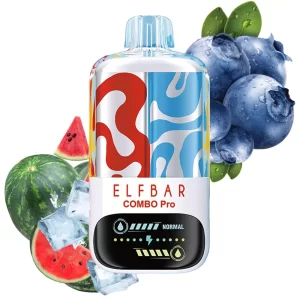 Elfbar Combo Pro disposable vape with a red‑blue marbled design, surrounded by blueberries, watermelon and ice.