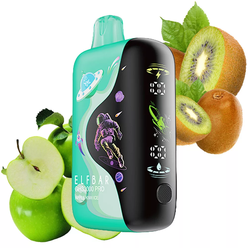 elf-bar-gh33000-disposable-vape-elf-bar-einweg-33000-puffs-9webp - Mega Vapes Australia Disposable vape device (Elf Bar GH3000 Pro) with teal and black design, shown with apples, kiwis, and mint to indicate fruity flavor.