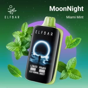 Elfbar MoonNight Miami Mint disposable vape: black device with glowing moon graphic, green body, surrounded by mint leaves against a green‑to‑purple gradient.