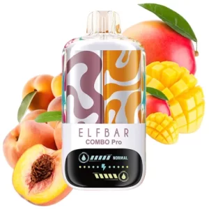 Elfbar Combo Pro vape device with peaches and mangoes around it