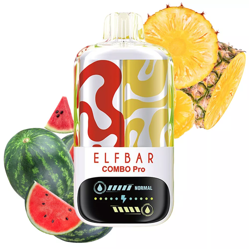 elf-bar-sour-watermelon-pineapple-vape-30000-30k-puffs-vape-8webp - Mega Vapes Australia Elf Bar Combo Pro disposable vape device with a colorful abstract pattern, set against watermelon and pineapple slices