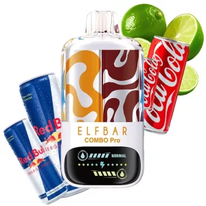 Elf Bar Combo Pro disposable vape with a colorful bottle design, surrounded by Red Bull and Coca-Cola cans with lime slices nearby.
