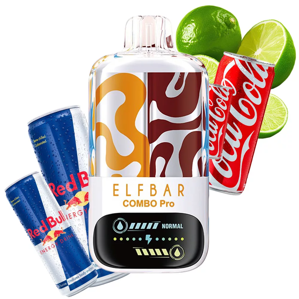 elf-bar-vape-30000-elf-bull-lime-cola-30k-puffs-vape-9webp - Mega Vapes Australia Elf Bar Combo Pro disposable vape with a colorful bottle design, surrounded by Red Bull and Coca-Cola cans with lime slices nearby.