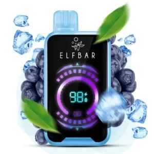 Blue and black vaping device labeled FIFBAR with a digital 98% display, surrounded by ice cubes, blueberries, and green leaves.