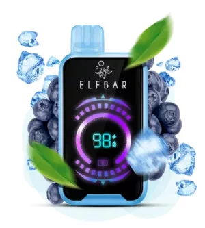 elfbar-18k-disposable-vape-smooth-draw-8webp - Mega Vapes Australia Blue and black vaping device labeled FIFBAR with a digital 98% display, surrounded by ice cubes, blueberries, and green leaves.