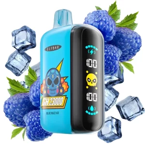 Blue Elf Bar vape device with digital display beside blueberries and ice cubes, flavor Blue Razz Ice (CH23000).