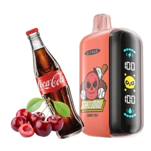 elfbar-23000-disposable-vape-elfbar-cola-23k-puffs-10webp - Mega Vapes Australia Coca‑Cola bottle leaning beside cherries and a pink/black vape device labeled Cherry Cola flavoring.