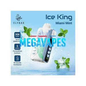 Elf Bar Ice King Miami Mint vape device tilted with mint leaves and ice, highlighting 30K puffs, 5 levels, and bite-friendly mouthpiece (advertisement).
