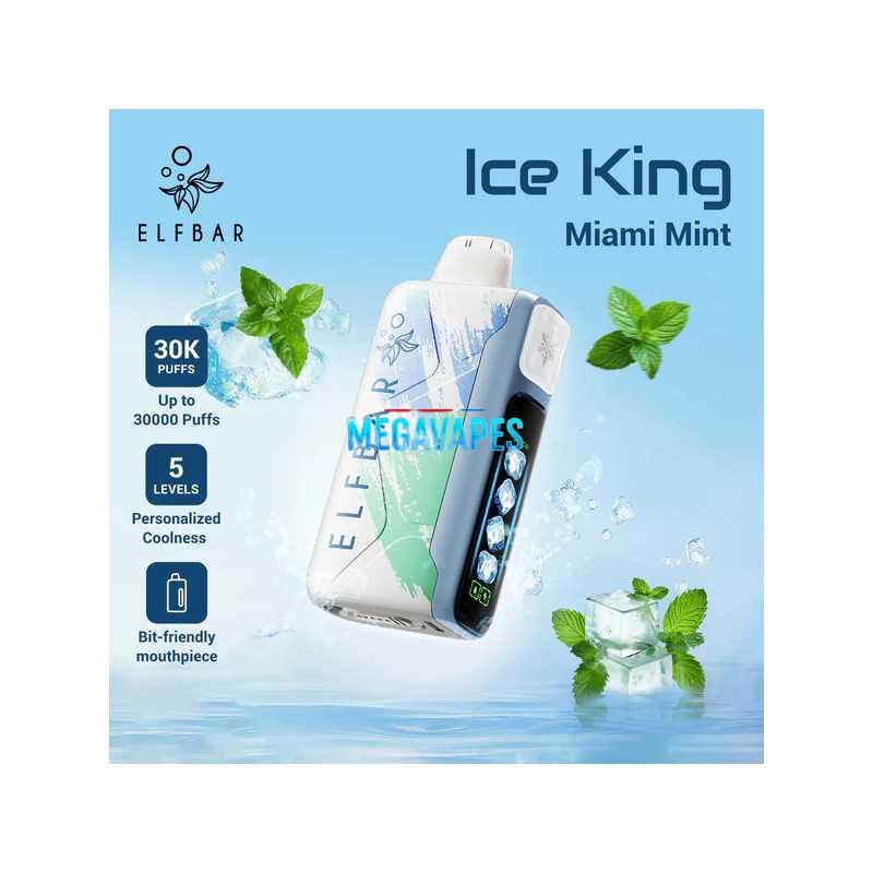 elfbar-ohne-nikotin-ice-king-30000-pufss-disposable-30k-vapes-5jpg - Mega Vapes Australia Elf Bar Ice King Miami Mint vape device tilted with mint leaves and ice, highlighting 30K puffs, 5 levels, and bite-friendly mouthpiece (advertisement).