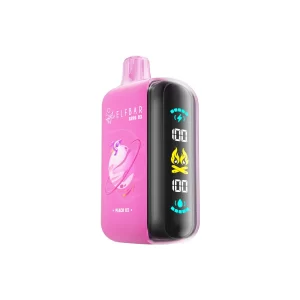 Pink Elfbar Raya D3 vape device with a black display panel and blue indicators shown in profile.