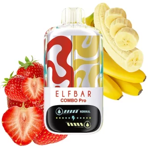Elfbar Combo Pro disposable vape device with strawberry and banana flavor surrounded by fresh fruit outlines the fruit-flavored vape concept