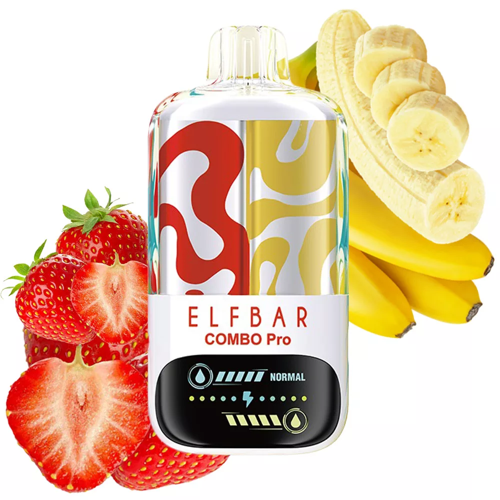 elfbar-strawberry-banana-vape-mit-30000-zugen-8webp - Mega Vapes Australia Elfbar Combo Pro disposable vape device with strawberry and banana flavor surrounded by fresh fruit outlines the fruit-flavored vape concept