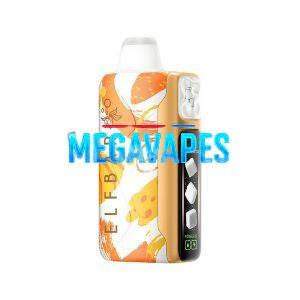 Compact vape pod with a colorful abstract orange-yellow pattern and a curved mouthpiece, labeled Elf Bar on the side.