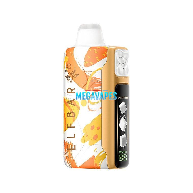 elfbar-sweet-king-30000-vape-pine-needle-mint-30k-vapemaison-3jpg - Mega Vapes Australia Compact vape pod with a colorful abstract orange-yellow pattern and a curved mouthpiece, labeled Elf Bar on the side.